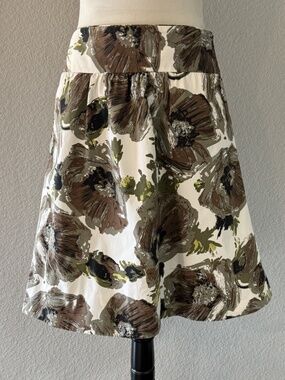 J Crew Floral A Line Skirt Womens 4 Cream Olive Brown Cotton Pockets Knee Length